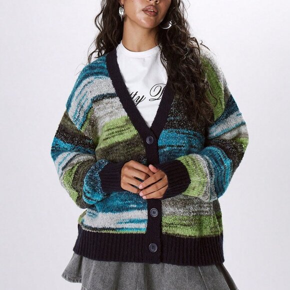 Sweaters - Multicolor Casual Women's Contrast Binding striped Marble Knit Cardigan